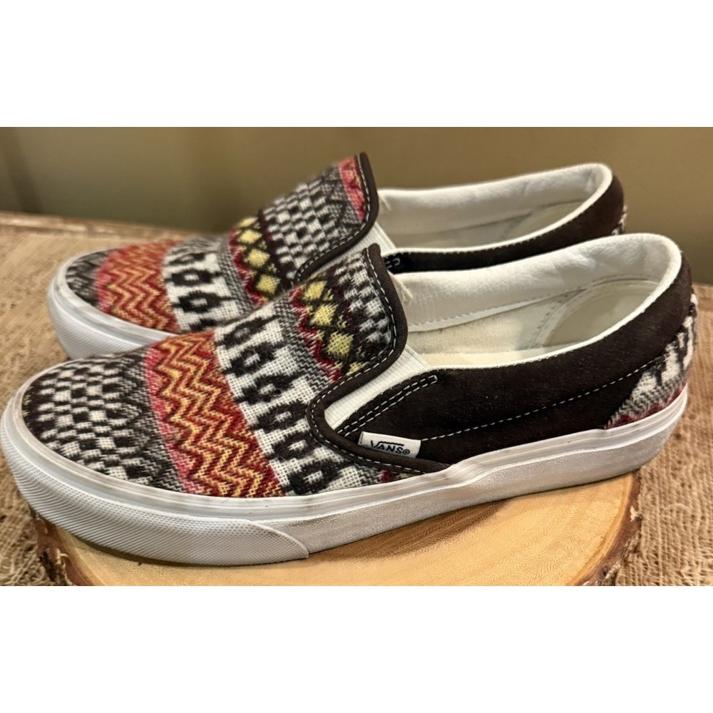 Vans Classic Slip On Fair Isle Brown Woven Textile Shoes Size Men 7 Women's 8.5 - Picture 3 of 13